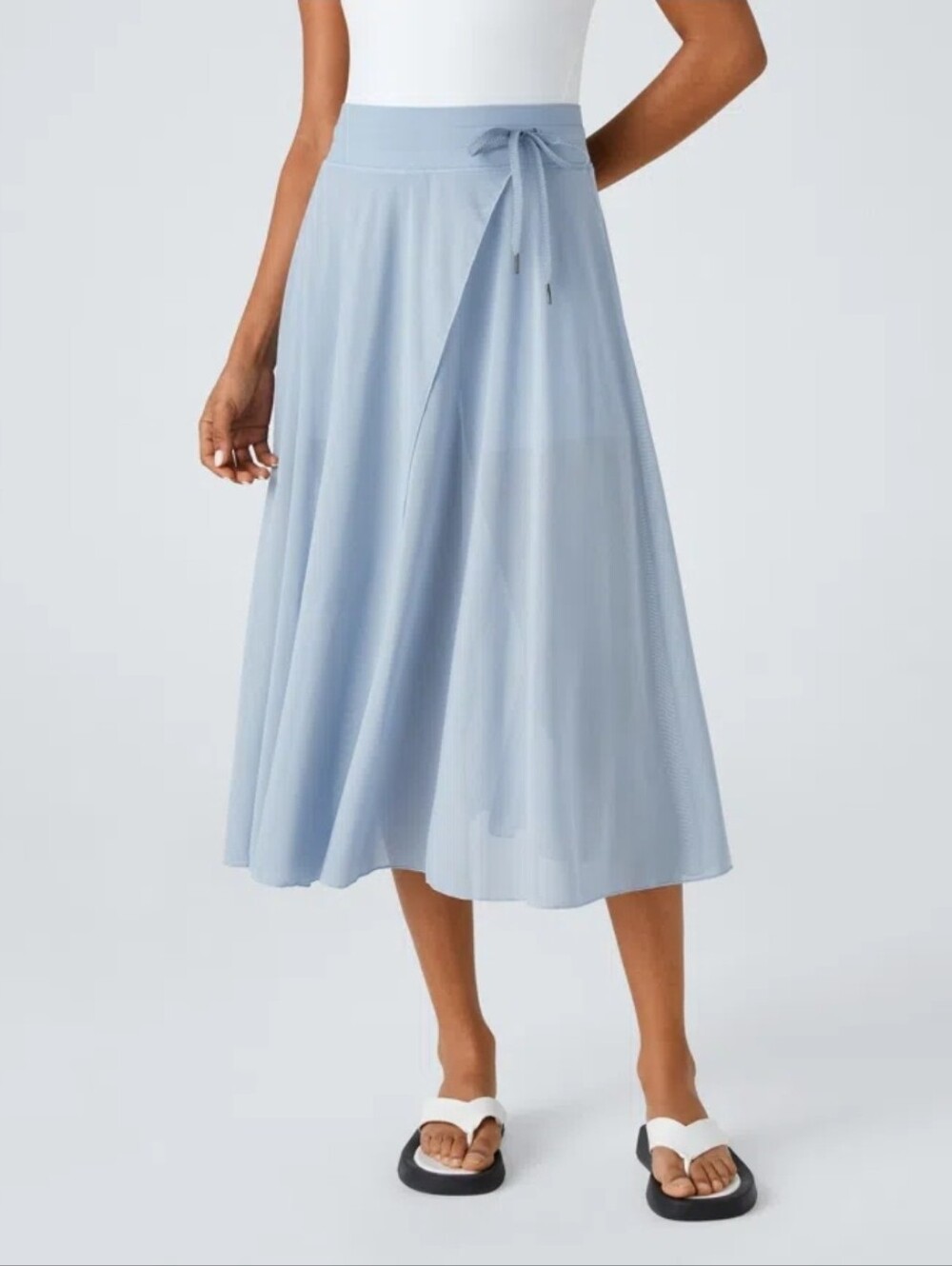 Stretch Waist Drawstring Contrast Mesh 2-in-1 Pocket Flowy Midi Skirt